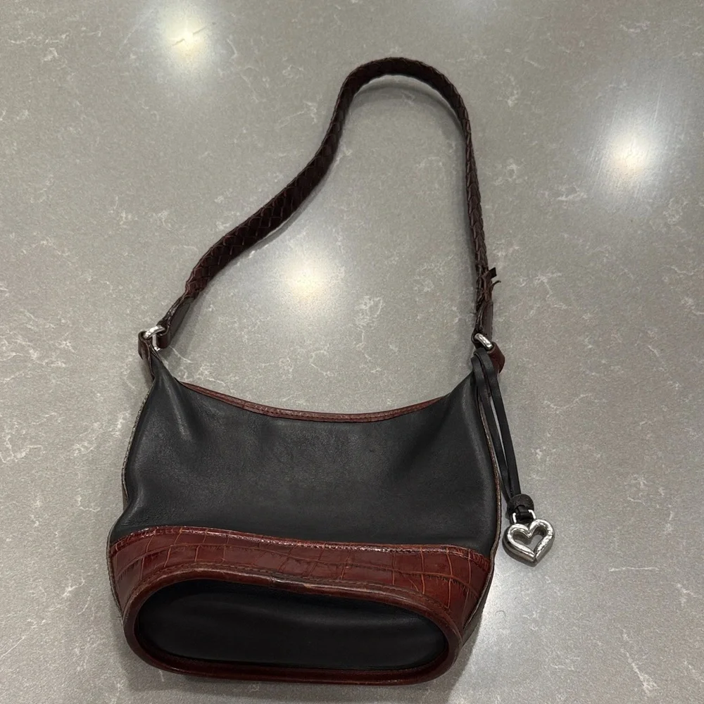 Brighton Black Leather Shoulder Bag with Brown Croc Trim and Heart Charm